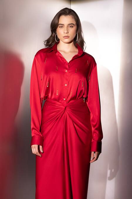 Label Muslin_Red Satin Collared, V-neck Safety Pin Embellished Shirt And Skirt Set _at_Aza_Fashions