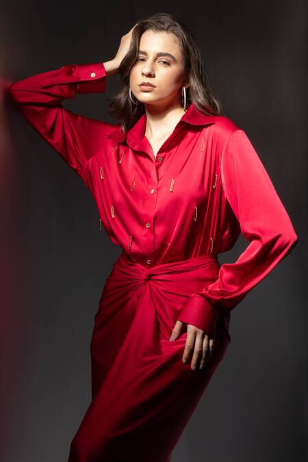 Buy_Label Muslin_Red Satin Collared, V-neck Safety Pin Embellished Shirt And Skirt Set 