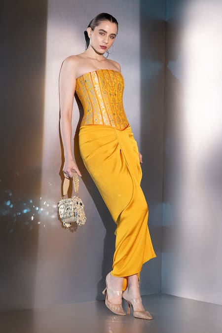 Shop Label Muslin Yellow Brocade, Satin, Silk Embroidery Bandeau Neck Elara Corset Set Online at Aza Fashions Shop_Label Muslin_Yellow Brocade, Satin, Silk Embroidery Bandeau Neck Elara Corset Set _Online_at_Aza_Fashions