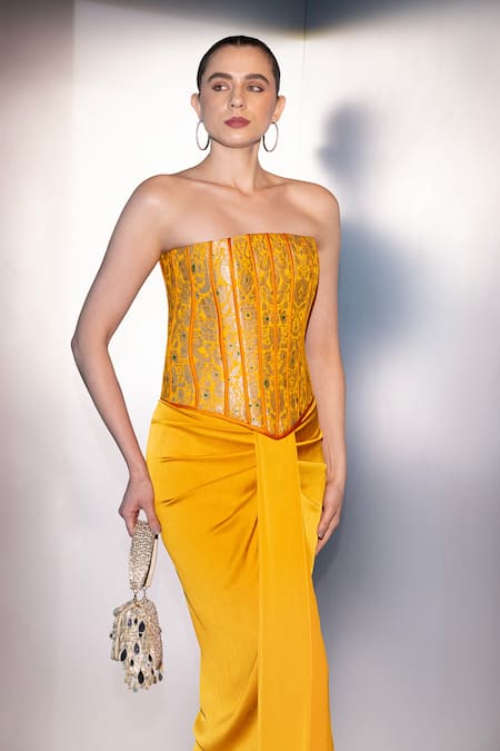 Label Muslin Yellow Brocade, Satin, Silk Embroidery Bandeau Neck Elara Corset Set at Aza Fashions Label Muslin_Yellow Brocade, Satin, Silk Embroidery Bandeau Neck Elara Corset Set _at_Aza_Fashions