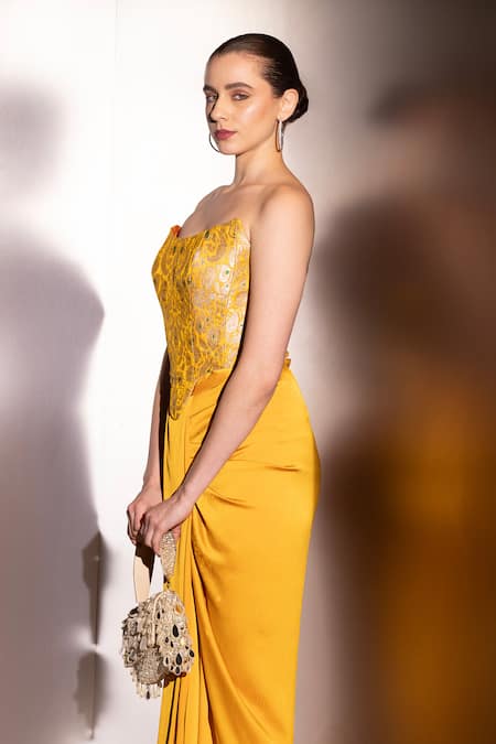 Buy Label Muslin Yellow Brocade, Satin, Silk Embroidery Sweetheart Neck Solara Corset Set Online at Aza Fashions Buy_Label Muslin_Yellow Brocade, Satin, Silk Embroidery Sweetheart Neck Solara Corset Set _Online_at_Aza_Fashions