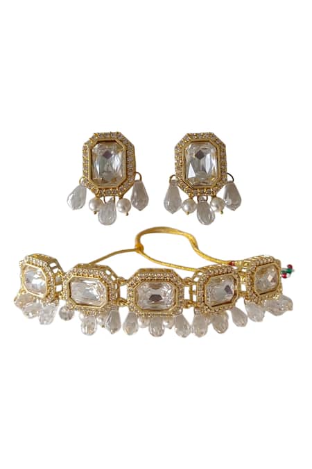 Bblingg_White Crystals, Pearls, Stones Araana Choker Set _Online_at_Aza_Fashions