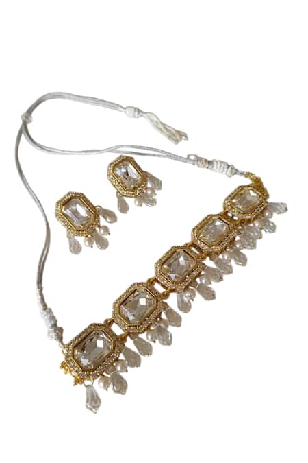 Buy_Bblingg_White Crystals, Pearls, Stones Araana Choker Set _Online_at_Aza_Fashions