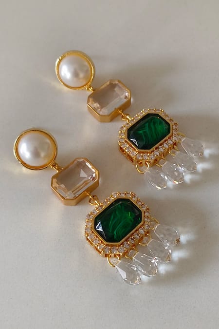 Shop_Bblingg_Green Crystals, Pearls, Zari, Stones Araana Danglers _Online_at_Aza_Fashions