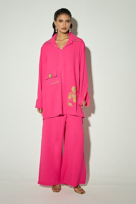 Basanti Kapde aur Koffee Pink Satin Embroidered Shirt Tunic & Pant Co-ord Set 