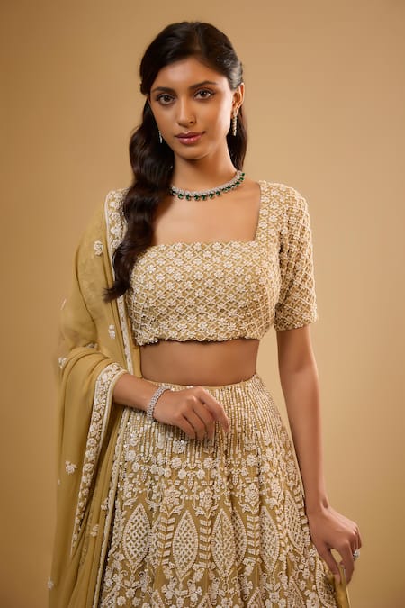 Shop_Renee label_Gold Viscose Georgette Beads, Embroidery, Sequins Square Anika Work Lehenga Set _Online_at_Aza_Fashions
