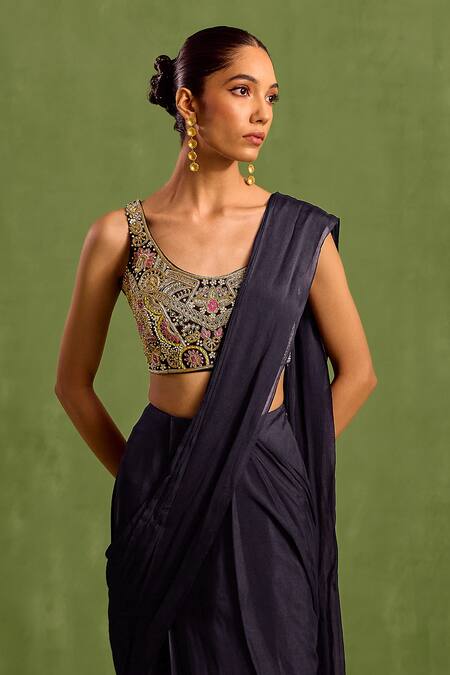 Neha Khullar_Black Viscose, Crepe Embroidery, Sequins, Pre-draped Saree With Hand Blouse _Online_at_Aza_Fashions