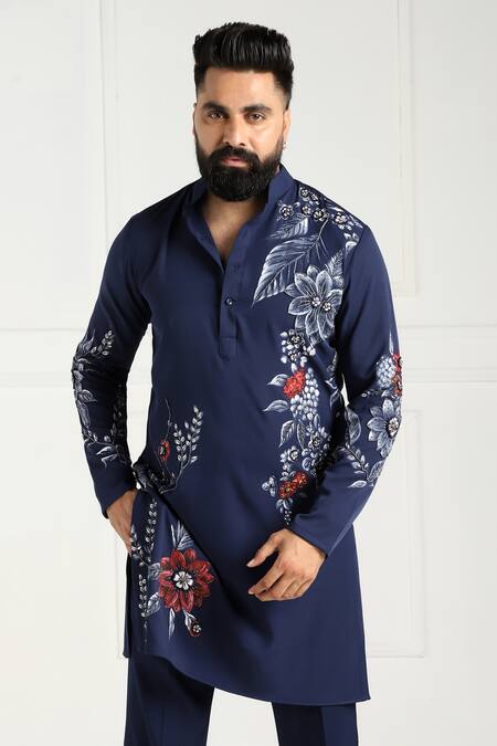 Buy_Courtyard By Abhi_Blue Lycra Embroidery Artistic Hand Painted Kurta Set _Online_at_Aza_Fashions