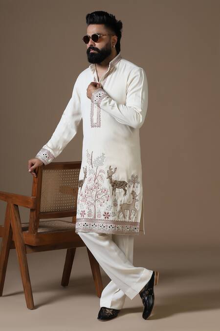 Courtyard By Abhi_Cream Lycra Embroidery Handcrafted Kurta Set _Online_at_Aza_Fashions