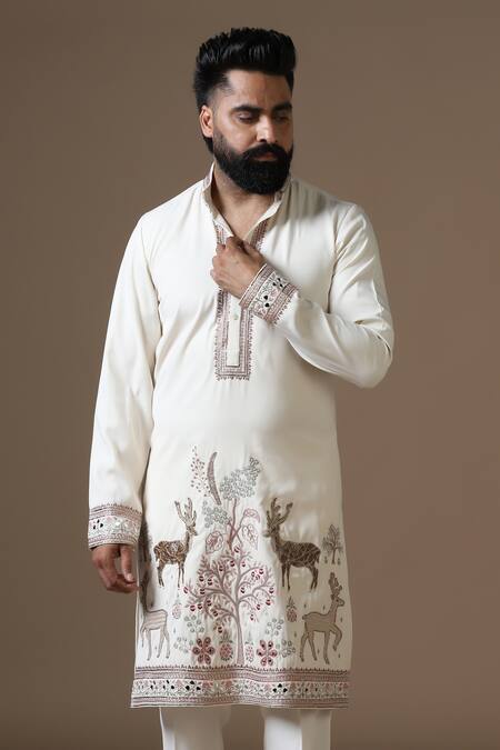 Buy_Courtyard By Abhi_Cream Lycra Embroidery Handcrafted Kurta Set _Online_at_Aza_Fashions