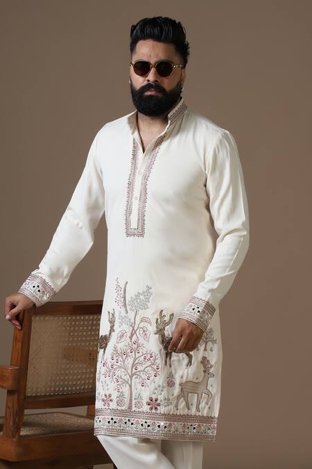 Courtyard By Abhi_Cream Lycra Embroidery Handcrafted Kurta Set _at_Aza_Fashions