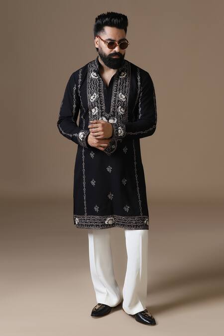 Courtyard By Abhi_Black Lycra Embroidery Intricate Kurta Set _Online_at_Aza_Fashions