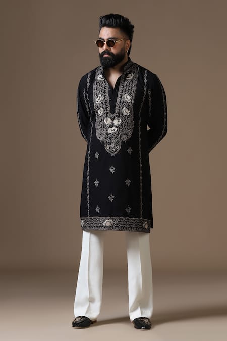 Buy_Courtyard By Abhi_Black Lycra Embroidery Intricate Kurta Set _Online_at_Aza_Fashions