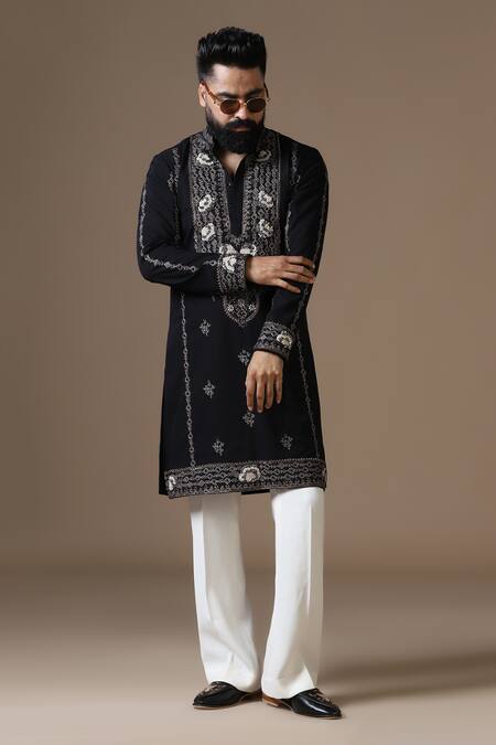 Shop_Courtyard By Abhi_Black Lycra Embroidery Intricate Kurta Set _Online_at_Aza_Fashions