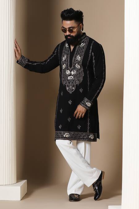 Buy_Courtyard By Abhi_Black Lycra Embroidery Intricate Kurta Set 