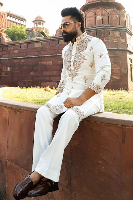 Buy_Courtyard By Abhi_Ivory Lycra Embroidery Aari Handwork Kurta Set _Online_at_Aza_Fashions