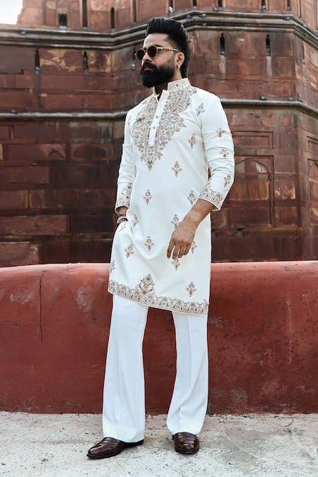 Shop_Courtyard By Abhi_Ivory Lycra Embroidery Aari Handwork Kurta Set _Online_at_Aza_Fashions