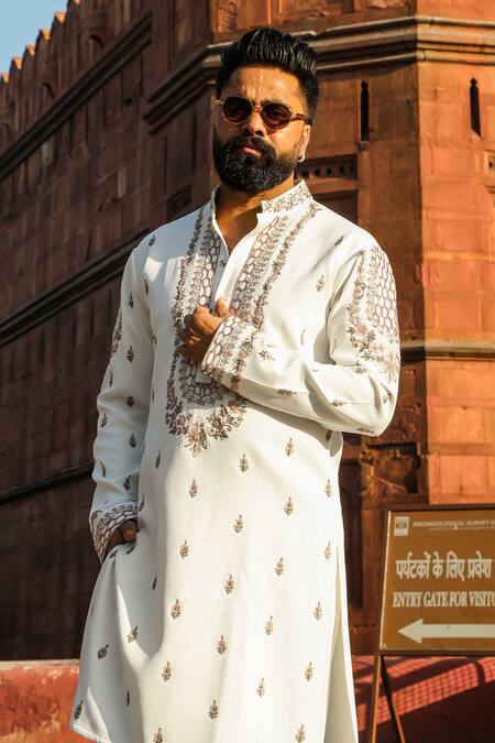 Shop_Courtyard By Abhi_Ivory Lycra Embroidery Floral Aari Handwork Kurta Set _Online_at_Aza_Fashions