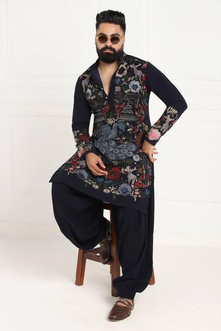 Buy_Courtyard By Abhi_Blue Lycra Embroidery Peacock Kurta Set _Online_at_Aza_Fashions