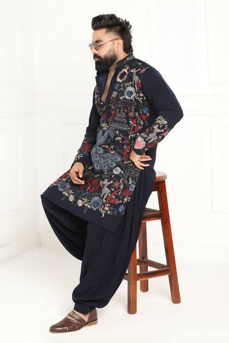 Shop_Courtyard By Abhi_Blue Lycra Embroidery Peacock Kurta Set _Online_at_Aza_Fashions