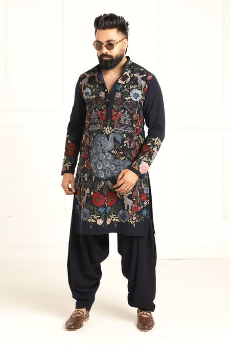 Courtyard By Abhi_Blue Lycra Embroidery Peacock Kurta Set _at_Aza_Fashions