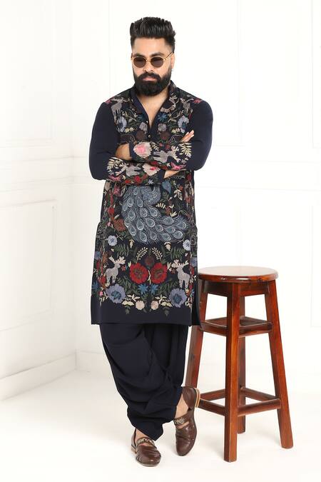 Buy_Courtyard By Abhi_Blue Lycra Embroidery Peacock Kurta Set 