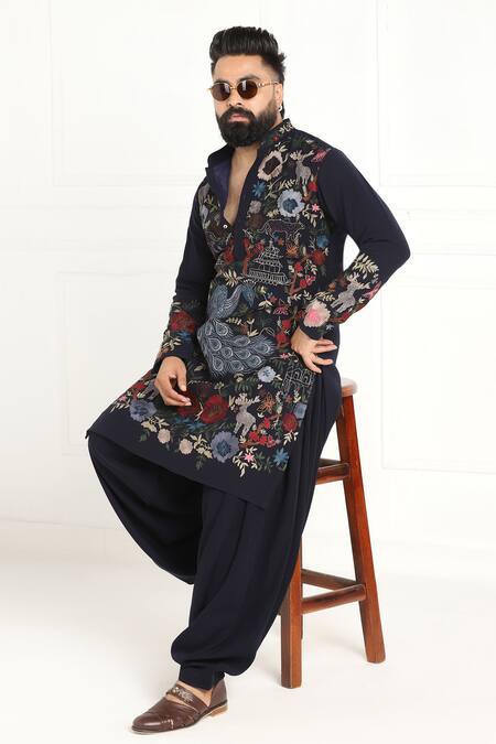 Shop_Courtyard By Abhi_Blue Lycra Embroidery Peacock Kurta Set 