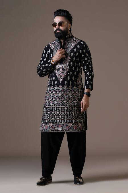 Courtyard By Abhi_Black Lycra Mirrors, Embroidery Resham Kurta Set _Online_at_Aza_Fashions
