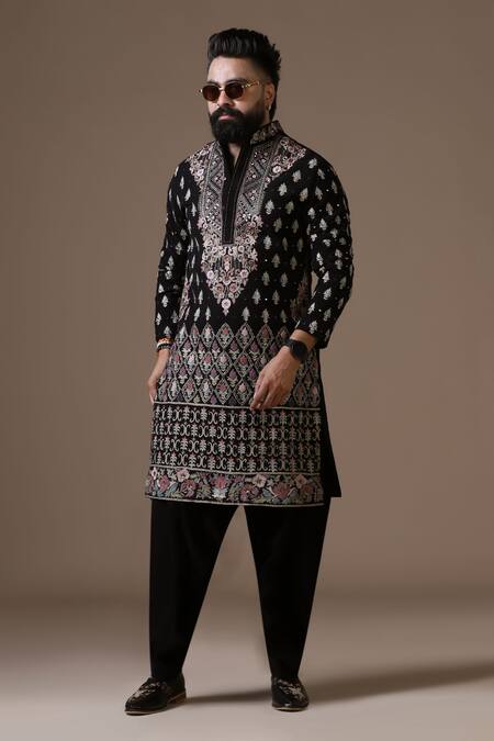 Buy_Courtyard By Abhi_Black Lycra Mirrors, Embroidery Resham Kurta Set _Online_at_Aza_Fashions