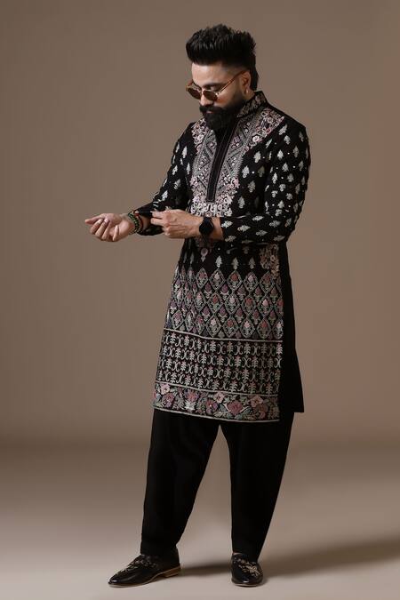 Buy_Courtyard By Abhi_Black Lycra Mirrors, Embroidery Resham Kurta Set 