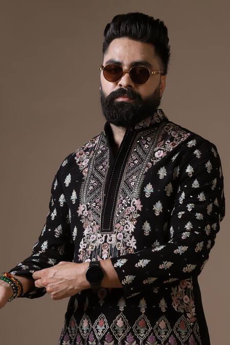 Shop_Courtyard By Abhi_Black Lycra Mirrors, Embroidery Resham Kurta Set 