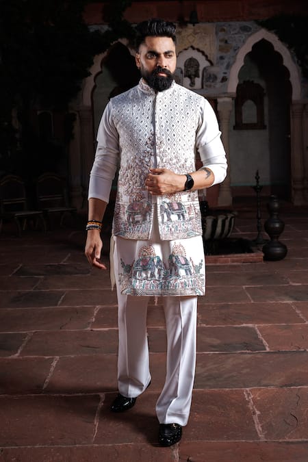 Courtyard By Abhi Resham Embroidered Nehru Jacket & Kurta Set 