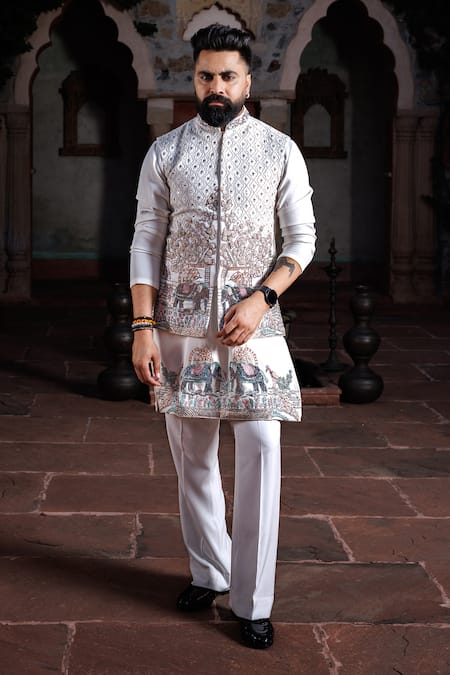 Courtyard By Abhi Resham Embroidered Nehru Jacket & Kurta Set 