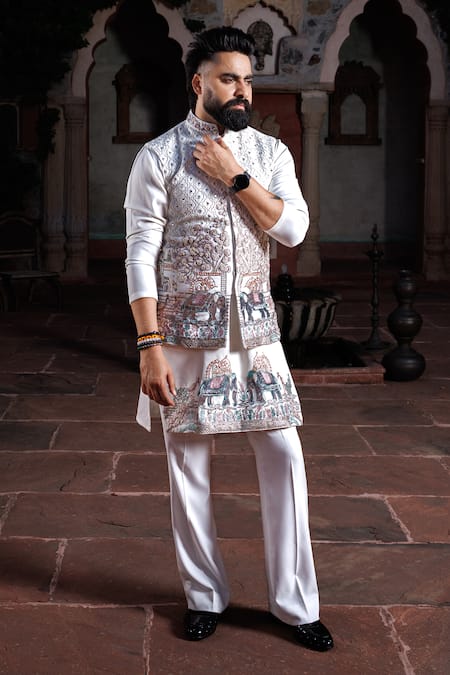 Buy_Courtyard By Abhi_Ivory Lycra Mirrors, Sequins, Embroidery Resham Nehru Jacket And Kurta Set _Online_at_Aza_Fashions
