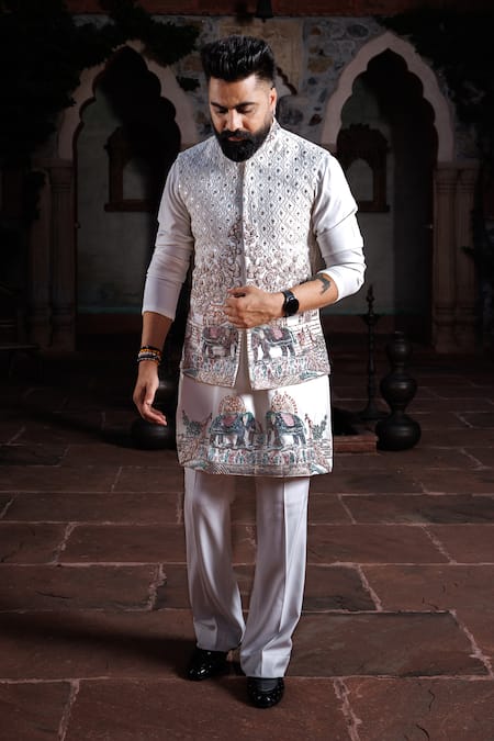 Shop_Courtyard By Abhi_Ivory Lycra Mirrors, Sequins, Embroidery Resham Nehru Jacket And Kurta Set _Online_at_Aza_Fashions
