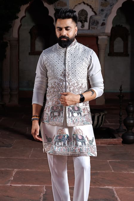 Courtyard By Abhi_Ivory Lycra Mirrors, Sequins, Embroidery Resham Nehru Jacket And Kurta Set _at_Aza_Fashions