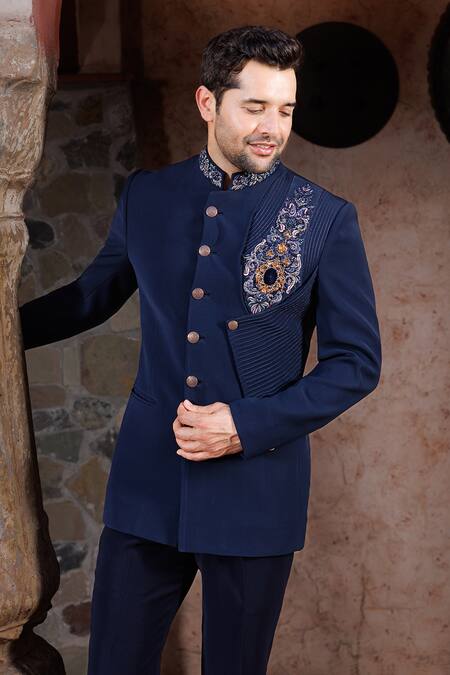 Courtyard By Abhi_Blue Lycra Embroidery Placement Bandhgala Set _Online_at_Aza_Fashions