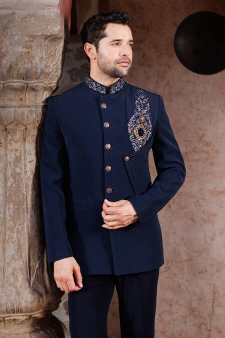 Buy_Courtyard By Abhi_Blue Lycra Embroidery Placement Bandhgala Set _Online_at_Aza_Fashions