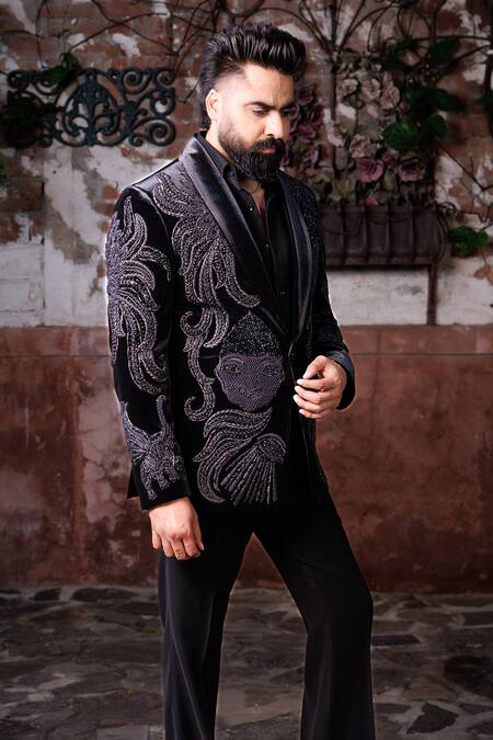 Courtyard By Abhi_Black Lycra Embroidery Handwork Tuxedo Set _Online_at_Aza_Fashions