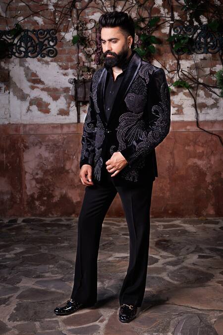 Buy_Courtyard By Abhi_Black Lycra Embroidery Handwork Tuxedo Set _Online_at_Aza_Fashions