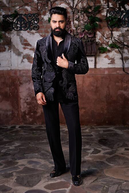 Shop_Courtyard By Abhi_Black Lycra Embroidery Handwork Tuxedo Set _Online_at_Aza_Fashions
