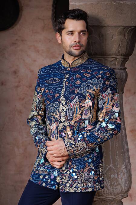 Buy_Courtyard By Abhi_Blue Lycra Embroidery Resham Bandhgala Set _Online_at_Aza_Fashions