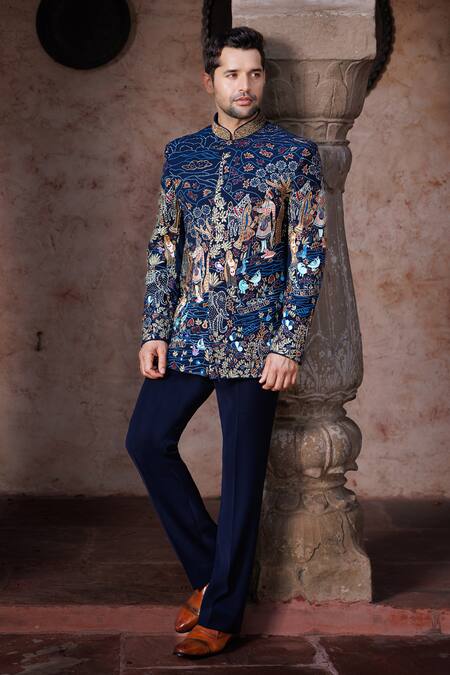 Shop_Courtyard By Abhi_Blue Lycra Embroidery Resham Bandhgala Set _Online_at_Aza_Fashions