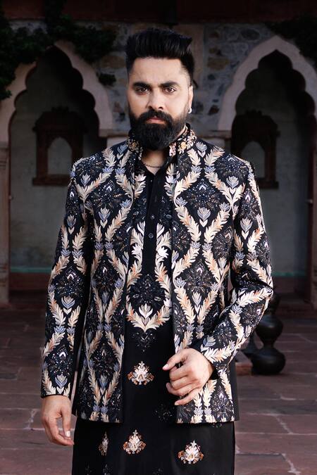 Courtyard By Abhi_Black Lycra Embroidery, Metallic Thread Resham Jacket And Kurta Set _Online_at_Aza_Fashions