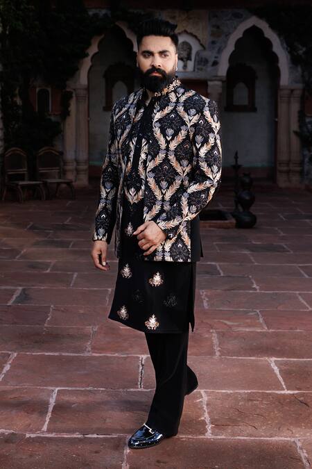 Shop_Courtyard By Abhi_Black Lycra Embroidery, Metallic Thread Resham Jacket And Kurta Set _Online_at_Aza_Fashions