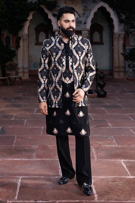Courtyard By Abhi_Black Lycra Embroidery, Metallic Thread Resham Jacket And Kurta Set _at_Aza_Fashions