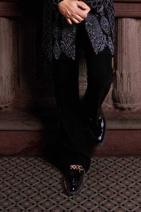 Courtyard By Abhi_Black Lycra Embroidery Jodhpuri Sherwani Set _Online_at_Aza_Fashions