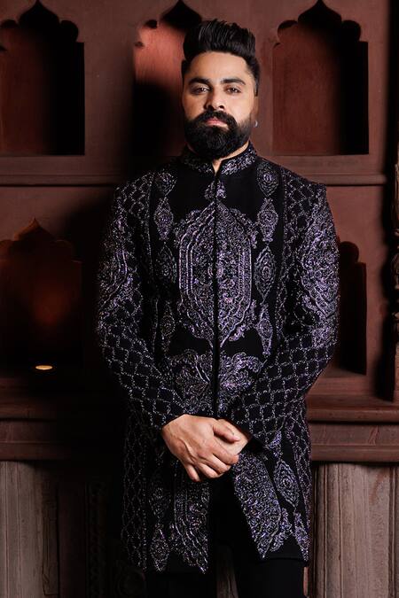 Buy_Courtyard By Abhi_Black Lycra Embroidery Jodhpuri Sherwani Set _Online_at_Aza_Fashions
