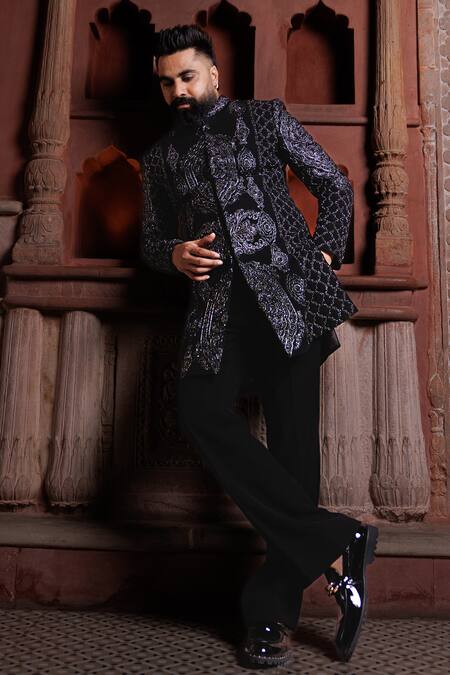 Shop_Courtyard By Abhi_Black Lycra Embroidery Jodhpuri Sherwani Set _Online_at_Aza_Fashions