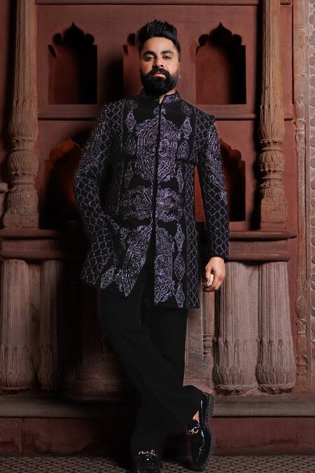 Courtyard By Abhi_Black Lycra Embroidery Jodhpuri Sherwani Set _at_Aza_Fashions